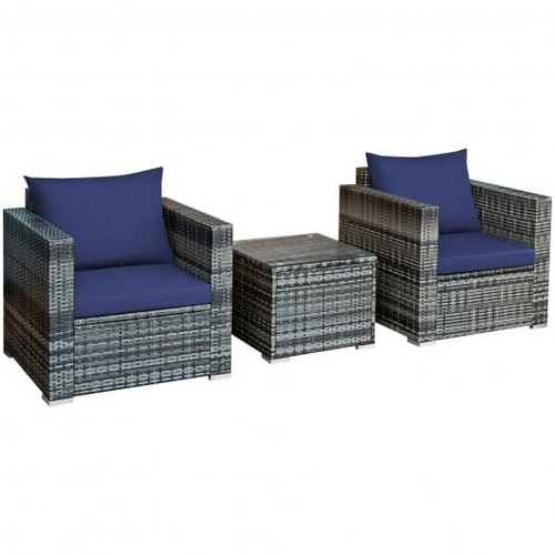 3 Pcs Patio Rattan Furniture Bistro Sofa Set with Cushioned-Navy - Color: Navy D681-HW66530NY+