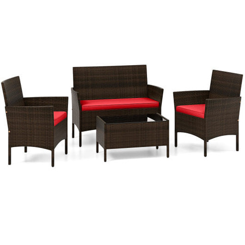 4 Piece Patio Rattan Conversation Set with Cozy Seat Cushions-Red - Color: Red D681-HW71887RE