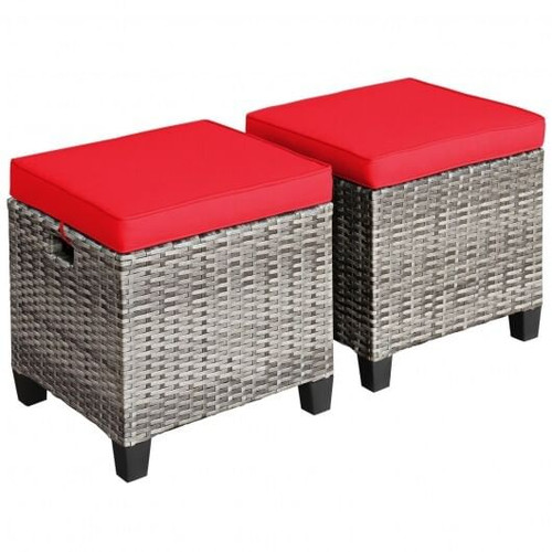 2PCS Patio Rattan Wicker Ottoman Seat with Removable Cushions-Red - Color: Red D681-HW67568RE