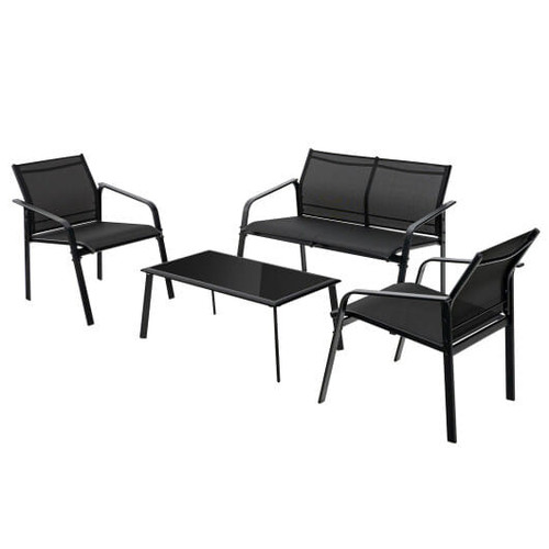 4 Pieces Patio Furniture Set with Armrest Loveseat Sofas and Glass Table Deck-Black - Color: Black D681-NP10474DK