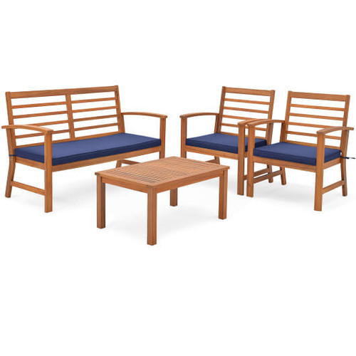 4 Pieces Outdoor Furniture Set with Stable Acacia Wood Frame-Navy - Color: Navy D681-HW72078NY