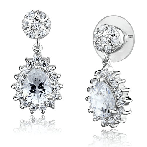 3W1292 - Rhodium Brass Earrings with AAA Grade CZ  in Clear A874-3W1292