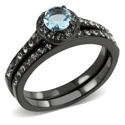TK3634 - IP Black(Ion Plating) Stainless Steel Ring with Synthetic Synthetic Glass in Sea Blue A874-TK3634