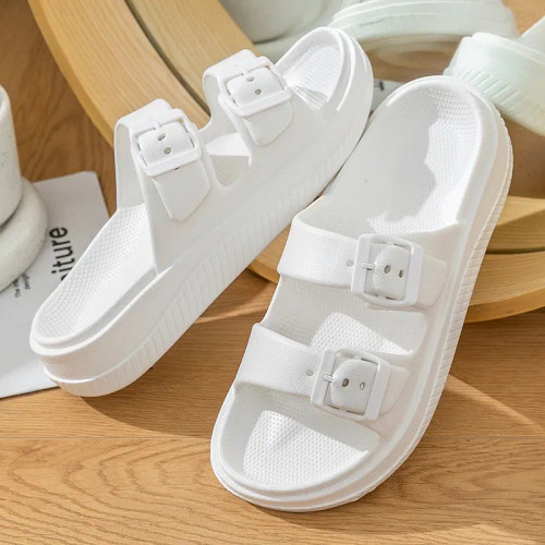 Color: Beige, Shoe Size: 33.5 - Thick Platform Cloud Slippers Women Double Buckle Soft Sole Pillow  F640-12000039931842745