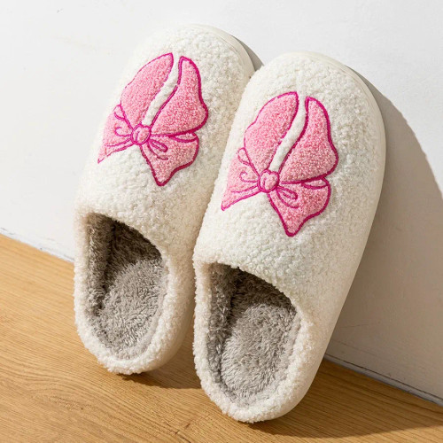 Color: Pink, Shoe Size: 39-40 - Women's Slippers Winter Indoor Elegant Beauty Bow Home Warm Soft So F640-12000041097539231