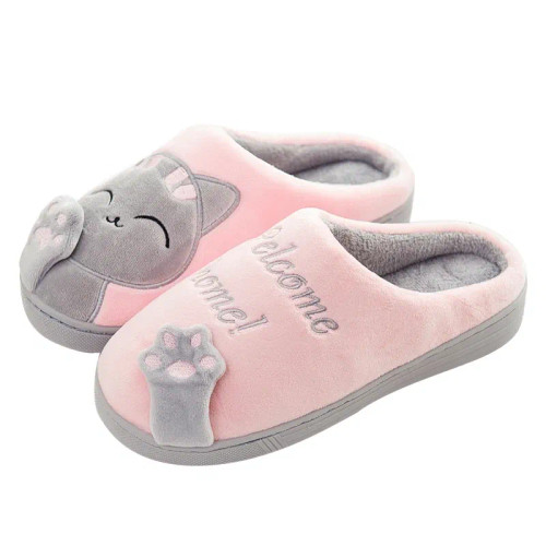 Color: Pink, Shoe Size: 40 - Women's Kawaii Cat Decor Slippers, Comfortable Plush Lined Slip On Sho F640-12000037427691550