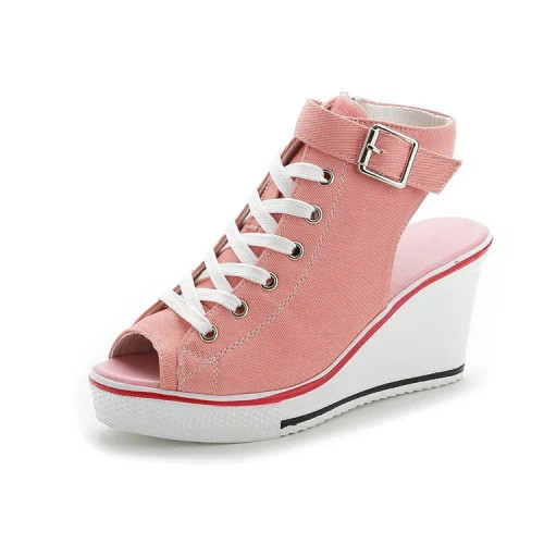 Color: Pink, Shoe Size: 42 - Spring Summer Women's Height Increasing Platform Canvas Fish Mouth Sho F640-66932182674