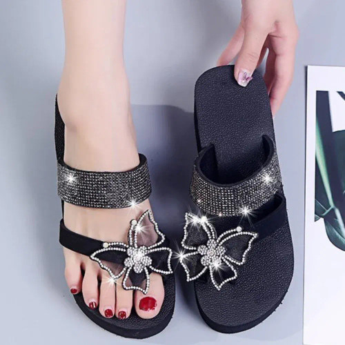 Color: Black, Shoe Size: 36 - Women Wedge Slippers Summer Fashion Sandals Platform Rhinestone Butte F640-12000038141223330