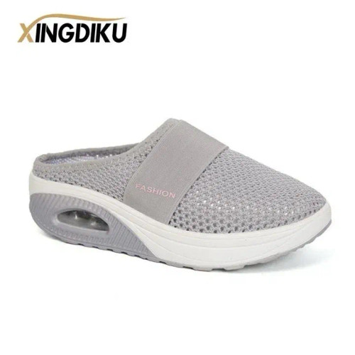 Color: GRAY, Shoe Size: 37 - Air Cushion Slip-On Women Walking Shoes Orthopedic Diabetic Ladies Pla F640-12000036665308754