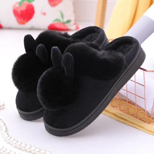 Color: black, Shoe Size: 34 - 2023 Autumn Winter Women Men Cotton Slippers Rabbit Ear Home Indoor H F640-12000036026561213