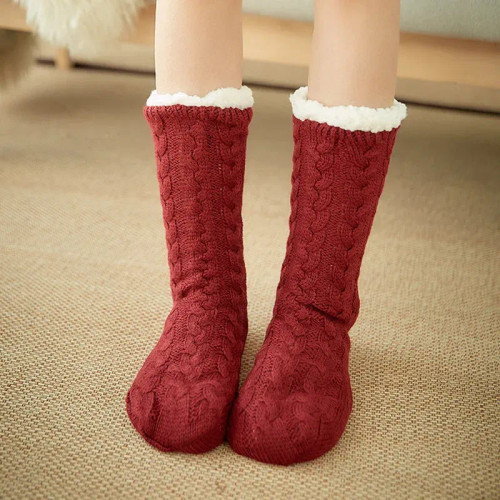 Color: Red, Shoe Size: 39 - Glglgege twist stripes Winter Women Socks Women Non-slip Adult Floor So F640-10000015394608043
