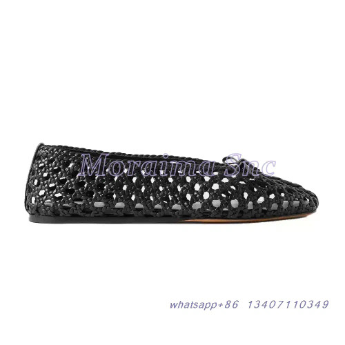 Color: black, Shoe Size: 38 - Hollow Woven Leather Ballet Shoes Flat With Round Toe Ankle Buckle St F640-12000044408765513