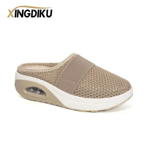 Color: Khaki, Shoe Size: 35 - Air Cushion Slip-On Women Walking Shoes Orthopedic Diabetic Ladies Pl F640-12000036665308788