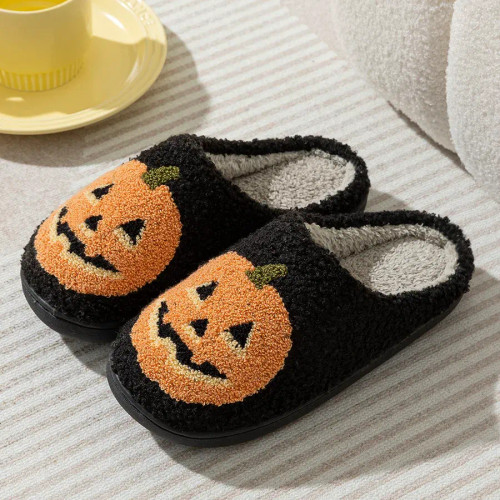 Color: black, Shoe Size: 4.5 - Smile Pumpkin Halloween Women's Slippers Winter Indoor Cartoon Comfo F640-12000039892808854