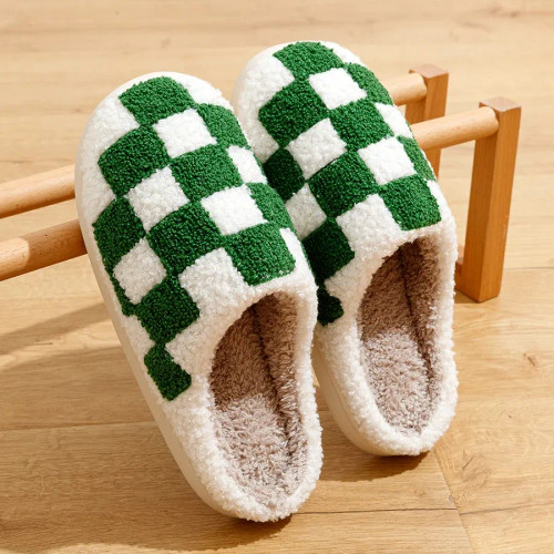 Color: green, Shoe Size: 4.5 - New Fuzzy Slippers Fashion Checker Indoor Embroidery Houseshoes Cozy F640-12000035944199932