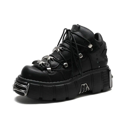 Color: black, Shoe Size: 36 - Punk Style Women Sneakers Lace-up 6CM Platform Shoes Woman Creepers F F640-12000030794491015