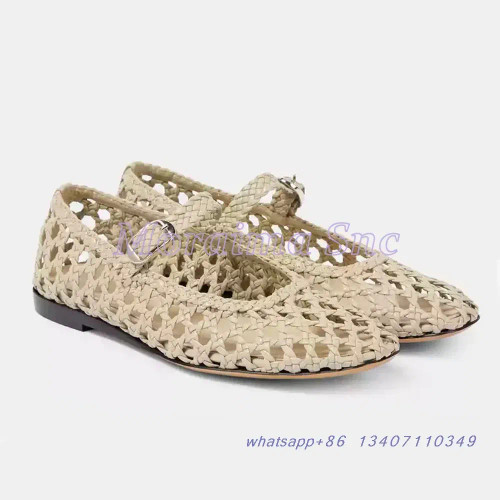 Color: Ivory, Shoe Size: 37 - Hollow Woven Leather Ballet Shoes Flat With Round Toe Ankle Buckle St F640-12000044408765548
