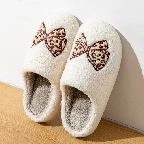 Color: Khaki, Shoe Size: 43-44 - Women's Slippers Winter Indoor Elegant Beauty Bow Home Warm Soft S F640-12000041097539237