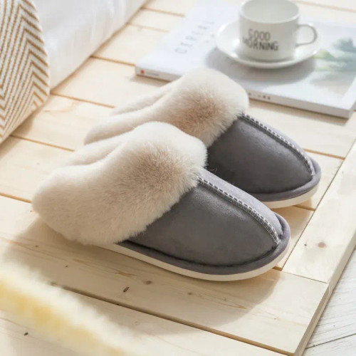Color: GRAY, Shoe Size: 36 - Women's Faux Fur Slippers 2024 New Warm Thicked Plush Bedroom Sandals  F640-12000035047083400