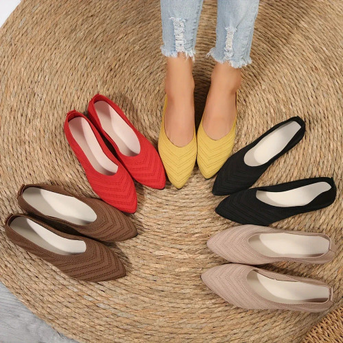 Color: Beige, Shoe Size: 40 - Pointed Toe Flat Shoes Women Solid Color Knitted Slip on Shoes Casual F640-12000038125606636