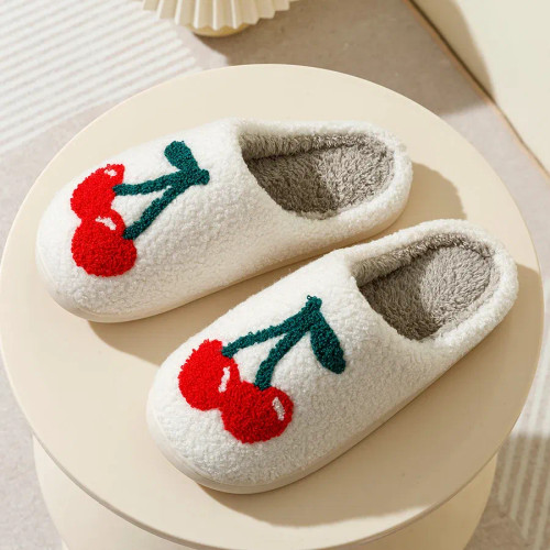 Color: Yellow, Shoe Size: 4.5 - Super Cute Cherries Plush House Slippers for Women, Comfy Home Shoe F640-12000036086553918