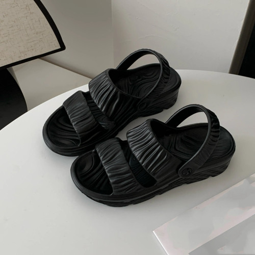 Color: black, Shoe Size: 38 - Ladies Summer EVA Slippers Solid Color Flat Beach Sandals Fashion Hom F640-12000039565570116