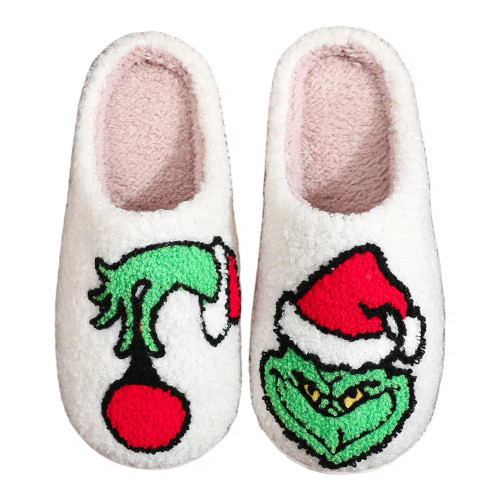 Color: Red, Shoe Size: 44-45 - For Grinch Plush Slippers Flat Thermal Slippers Comfortable Fluffy H F640-12000043066635802