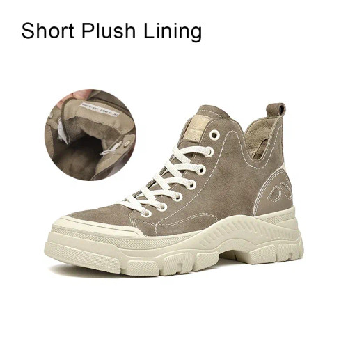 Color: Brown, Shoe Size: 5 - BeauToday Casual Sneakers Women Suede Leather Round Toe Lace-Free High F640-12000018004933650