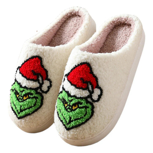 Color: WHITE, Shoe Size: 44-45 - For Grinch Plush Slippers Flat Thermal Slippers Comfortable Fluffy F640-12000043066635797