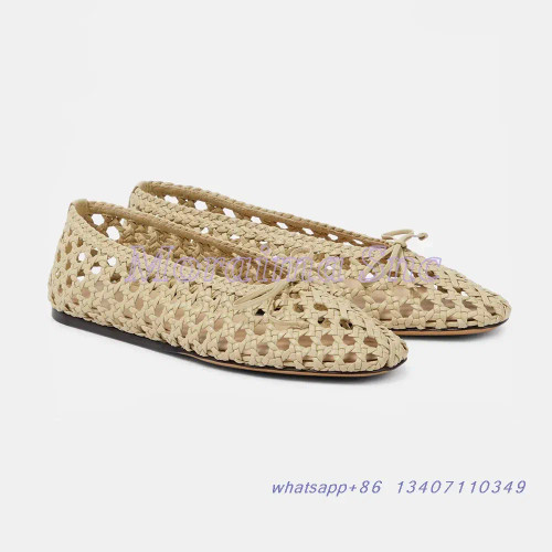 Color: Beige, Shoe Size: 35 - Hollow Woven Leather Ballet Shoes Flat With Round Toe Ankle Buckle St F640-12000044408765501