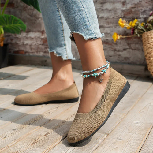 Color: Khaki, Shoe Size: 39 - Elastic Knitting Flats Slip on Shoes for Women 2024 Summer Breathable F640-12000037075269590