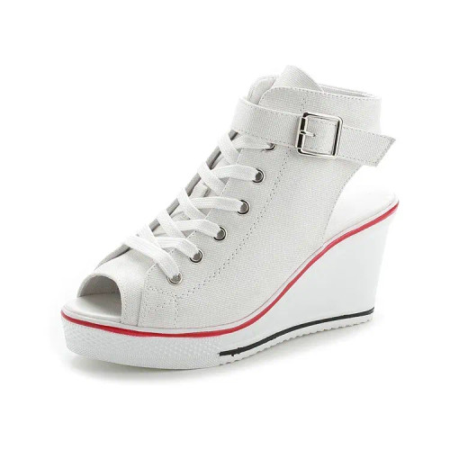 Color: WHITE, Shoe Size: 40 - Spring Summer Women's Height Increasing Platform Canvas Fish Mouth Sh F640-66932182690
