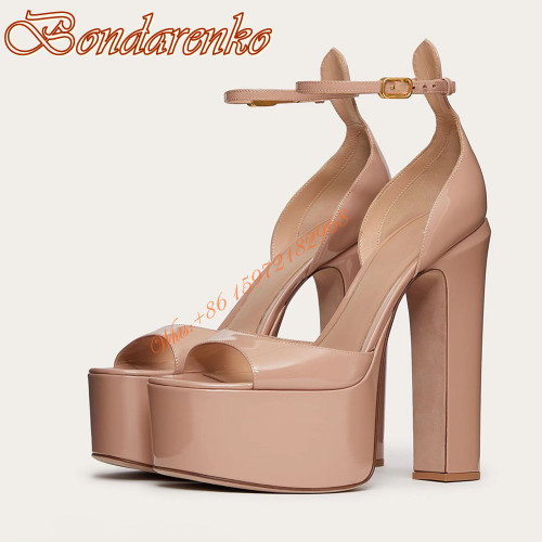 Peep Toe Solid Patent Sandals Platform Chunky High Heels Design Women Shoes Ankle Buckles Super Hee F640-3256804340158573