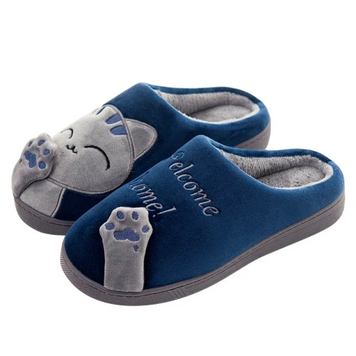 Color: DEEP BLUE, Shoe Size: 42 - Women's Kawaii Cat Decor Slippers, Comfortable Plush Lined Slip O F640-12000037427691569