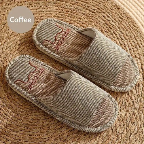 Color: Olivine, Shoe Size: 15.5 - Linen Slippers Indoor Home Breathable Women Men Slides Linen Coup F640-12000033430213160