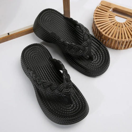 Color: black, Shoe Size: 3.5 - Women Slippers Platform Wedges Flip Flops Summer Casual Cozy Slides  F640-12000038370666366