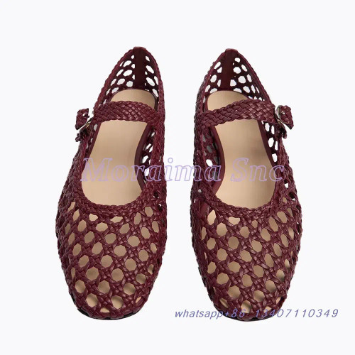 Color: wine red, Shoe Size: 37 - Hollow Woven Leather Ballet Shoes Flat With Round Toe Ankle Buckle F640-12000044408765566