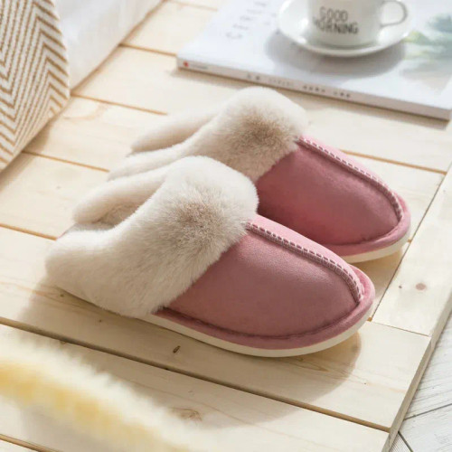 Color: Pink, Shoe Size: 40 - Women's Faux Fur Slippers 2024 New Warm Thicked Plush Bedroom Sandals  F640-12000035047083412