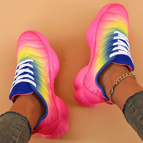 Color: Pink, Shoe Size: 39 - Women Sneakers 2024 Fashion Rainbow Color Platform Shoes Casual Walkin F640-12000039511788628