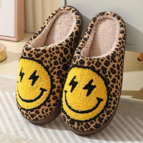 Color: Beige, Shoe Size: 45 - Leopard Print Winter Slippers Women Lightning Smile Face Fluffy Fur S F640-12000039819798242