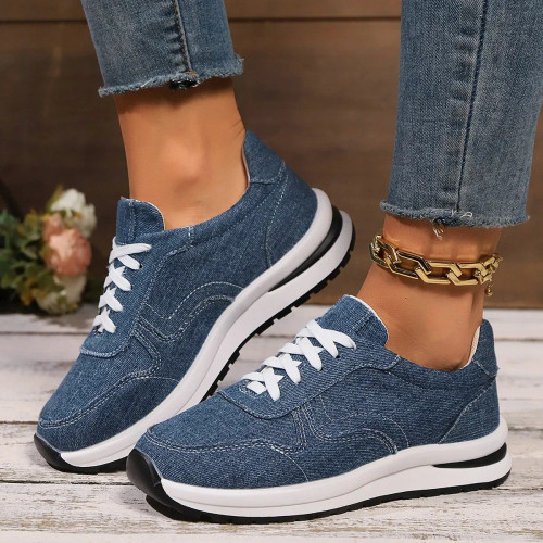 Color: Blue, Shoe Size: 43 - Blue Denim Platform Sneakers Women Fashion Thick Sole Lace Up Sports S F640-12000042318859252