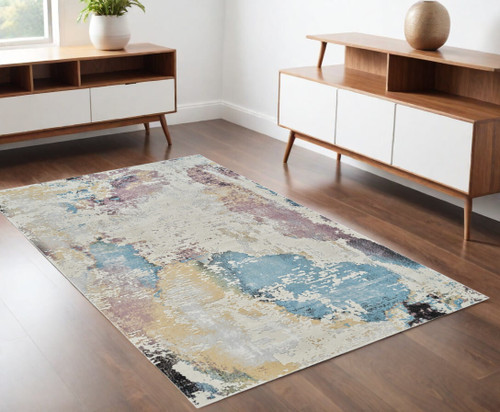 4' X 6' Beige and Blue Abstract Distressed Area Rug N270-558900