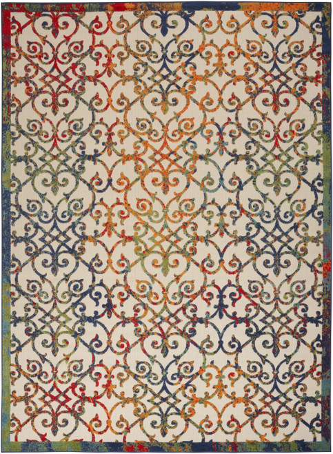 9' X 12' Ivory Blue And Green Damask Non Skid Indoor Outdoor Area Rug N270-479375