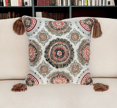 18" Red and White Floral Cotton Throw Pillow With Embroidery, Tassels N270-529193