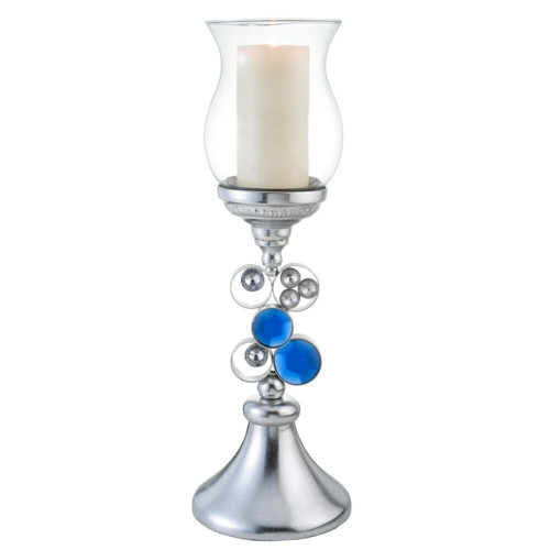 21" Silver and Blue Faux Crystal Bling Hurricane Candle Holder N270-468339