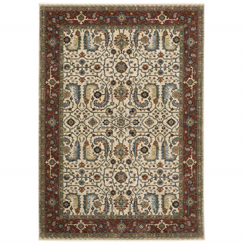 3' X 5' Ivory Red Green Grey Blue And Navy Oriental Power Loom Stain Resistant Area Rug With Fringe N270-507984