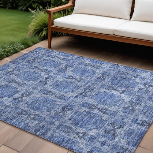 9' X 12' Denim Blue and Gray Floral Medallion Washable Non Skid Indoor Outdoor Area Rug N270-563419