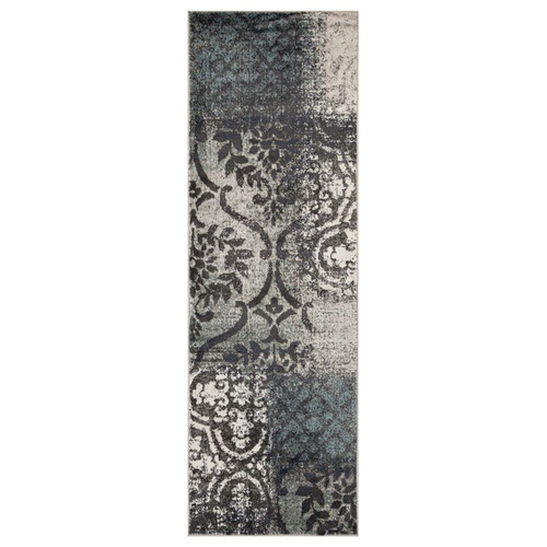 10' Teal And Gray Damask Distressed Stain Resistant Runner Rug N270-486750