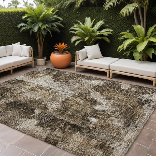 9' X 12' Taupe Floral Washable Non Skid Indoor Outdoor Area Rug N270-563203