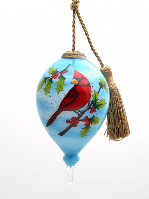 Red Cardinal on Christmas Holly Branches Hand Painted Mouth Blown Glass Ornament N270-477434
